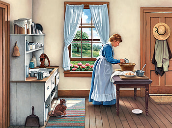 Heart of the Home F1C, art, kitchen, cat, beautiful, woman, artwork, scenery, lady, wide screen, painting, apron, bonnet HD wallpaper