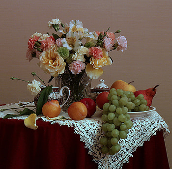 still life, bouquet, graphy, lace, nice, flower, fruit, , harmonious, vase, beautiful, pear, elegant, cool, grape, apple, flowers HD wallpaper