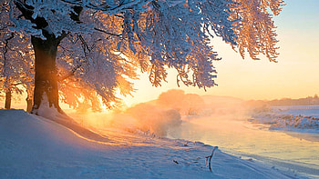 Icy River Clyde At Sunset With Frost Smoke, Scotland, landscape, sky, tree, snow, misty HD wallpaper