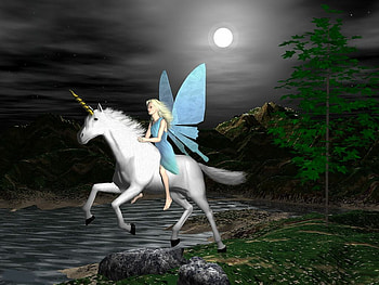Fairy and Unicorn, night, fairy, moon, unicorn, sky, tree, stream HD wallpaper