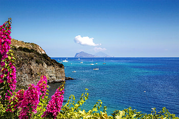 Aeolian islands, sea, island, beautiful, rocks, summer, view, horizons, sky, flowers HD wallpaper
