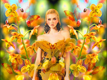 Delicate Gold, bold, girl, flowers, colorful, blue, golden, vibrant, butterflies, vivid, bright, green HD wallpaper