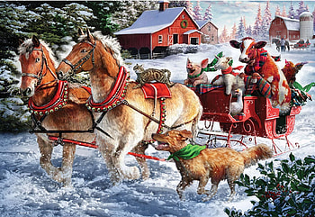 Taking A Ride, snow, sheep, animals, cart, winter, cow, barn, artwork, horses, digital, funny HD wallpaper