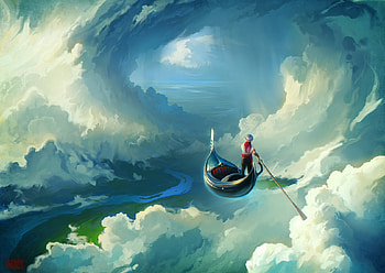 Perian spring, boat, blue, white, art, man, summer, fantasy, luminos, sky, artem chebokha, vara, cloud HD wallpaper