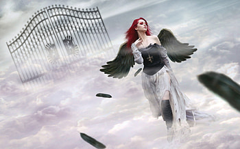 ..Out of Gates.., feathers, doors, digital art, dress, gates, wings, attractions in dreams, weird things people wear, beautiful, people, creative pre-made, angels, woman, love four seasons, fantasy, heaven, manipulation, clouds, models, girls, redhead, lovely, hair, fantasy girls HD wallpaper