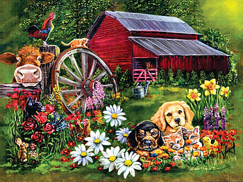 Sweet Country, dog, kitten, pup, barn, painting, wheel, cats, flowers, cow HD wallpaper