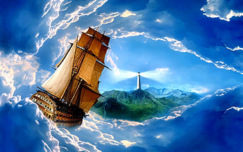 FANTASY SAILING, clouds, sailing, ships, lighthouse HD wallpaper