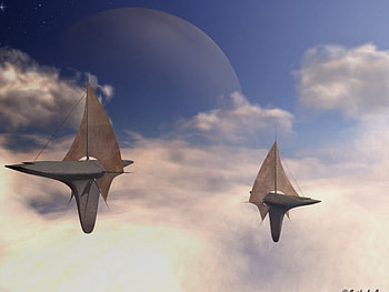 Flight, ships, moon, clouds, sails, sky, rock HD wallpaper