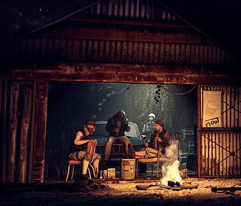 Night party, video game, garage, characters, PUBG HD wallpaper