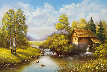 WaterMill, trees, water, painting, mill HD wallpaper