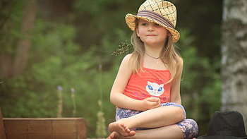 Cute Little Girl Is Sitting In Blur Nature Background Wearing Red Blue Dress And Yellow Hat Cute HD wallpaper
