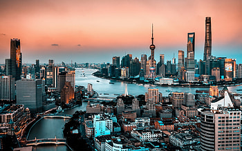 Oriental Pearl Tower, Shanghai, Evening sunset, City panorama HD wallpaper