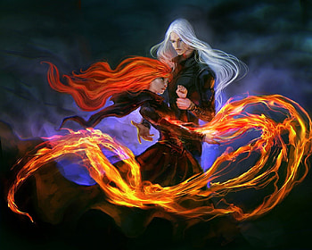 Evil Pair, gloom, red hair, long hair, team, darkness, sinister, couple, male, blaze, female, evil, bad, girl, gloomy, flame, dark, anime girl, boy, anime, white hair, pair, redhead, fire HD wallpaper