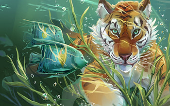 Tiger and fish, blue, animal, tiger, art, orange, summer, swim, painting, fantasy, pesti, tigru, underwater, fish, vara HD wallpaper