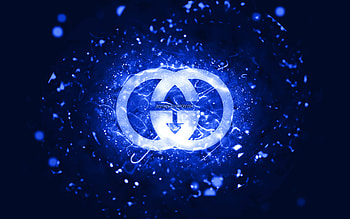 Gucci dark blue logo, , dark blue neon lights, creative, dark blue abstract background, Gucci logo, brands, Gucci HD wallpaper