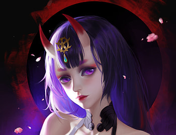 Demon girl, frumusete, fu sang, horns, art, succubus, girl, demon, amethyst eyes, purple, portrait, red, luminos HD wallpaper