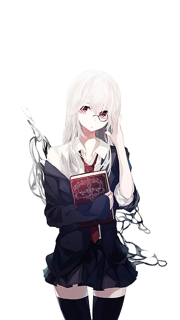White-Haired Scholar in Uniform — Glasses, Pink Eyes & Thigh-Highs ( ), thigh highs, school uniform, white hair, book, pink eyes, glass, Anime, Original HD phone wallpaper