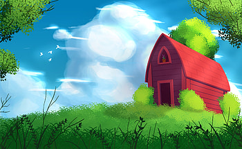 Trees, Grass, Art, Clouds, House HD wallpaper