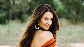 Andrea In Orange Dress Looking Back , girls, model, dress HD wallpaper