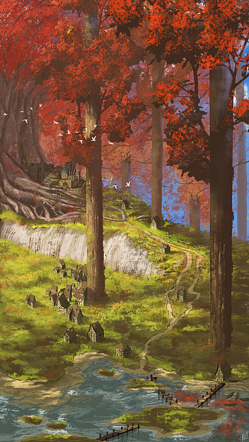 Rivers, Art, Forest, Village, Paints, Canvas HD phone wallpaper
