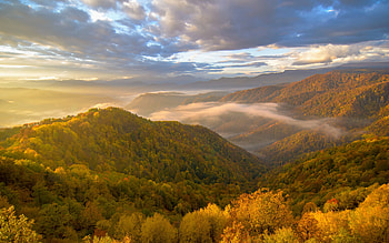 beautiful valley, evening, sunset, forest, valley, clouds, mountains HD wallpaper