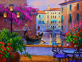 Reflections of Romance, table, artwork, boat, venice, canal, painting, lamp, houses, chairs HD wallpaper