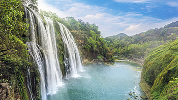 Tropical Waterfall, river, clouds, trees, landscape, sky, cascade, cliff, rocks HD wallpaper