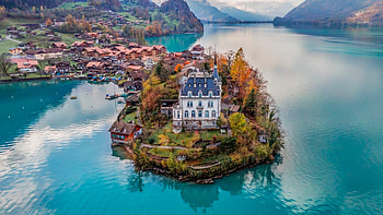 Iseltwald, Lake Brienz, Switzerland, house, trees, autumn, alps, water, mountains, village, reflections HD wallpaper