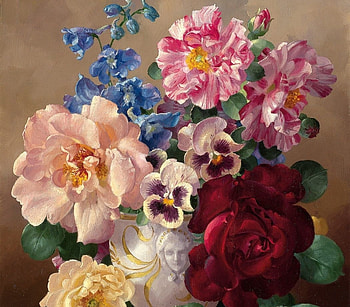 Flowers, blue, arnoldus bloemers, art, rose, still life, pink, painting, flower, red HD wallpaper
