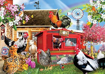 Chicken Coop, stable, hens, art, blossoms, house, sheep, flowers, rooster, digital HD wallpaper