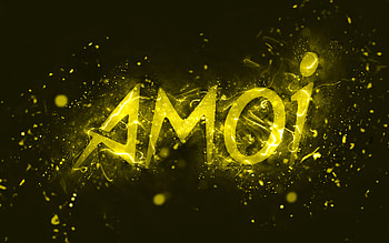Amoi yellow logo, , yellow neon lights, creative, yellow abstract background, Amoi logo, brands, Amoi HD wallpaper