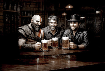 Barroom Brothers: Kratos, Joel & Arthur —, God of War, Red Dead Redemption 2, Arthur Morgan, Kratos (God Of War), Joel (The Last of Us) HD wallpaper