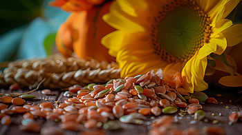 Seeds, wheat and sunflower, seed, sunflower, wheat, still life, macro HD wallpaper
