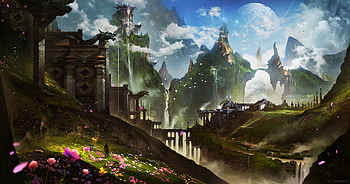 Art, Mountains, City, Futurism, Fantastic HD wallpaper