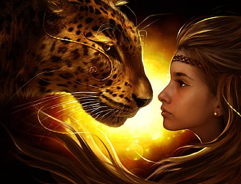 Face to Face, artwork, girl, leopard, light HD wallpaper