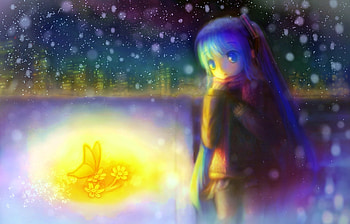 Hatsune Miku, winter, city lights, glow, awesome, nice, flower, snow, hatsune, aqua eyes, white, twintail, cold, girl, headset, aqua, anime, pretty, virtual, realistic, heads, cute, vocaloid, gold, beauty, miku, buildings, snowflakes, vocaloids, butterfly, thighhighs, x-mas, program, skirt, city, beautiful, diva, dark, aqua hair, christmas, lights, yellow, cool, clouds, sky, scarf, micro HD wallpaper