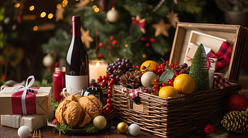 Holiday Gift Basket Festive, Christmas, holiday decorations, wine HD wallpaper
