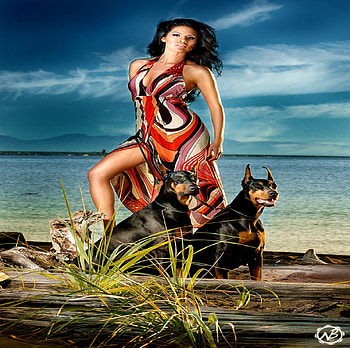 BODYQUARD.., blue, dog, rotwailer, colorful, dress, guard, woman, body, ocean HD wallpaper