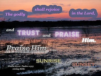 The Godly Shall Rejoice in the Lord, bushes, clouds, sky, Bible, water, sunset, lake HD wallpaper