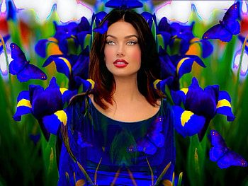 Delicate Blue Royale, girl, flowers, colorful, blue, white, vibrant, butterflies, vivid, green, yellow, bright, bold HD wallpaper