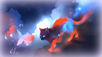 Rainbow Cat and Fish, animal, rainbow, fantasy, art, cat, fish HD wallpaper