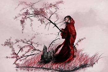 Waiting For His Return, red robe, pinks, reds, flowers, woman, tree HD wallpaper