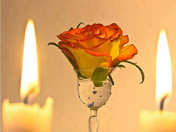 Rose & glass, orange rose, light, yellow, glass, candles, sky, water HD wallpaper