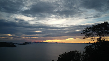 Lovely sunset, island, sea, scenery, waves, clouds, trees, sky, water, sunset, travel, ocean HD wallpaper