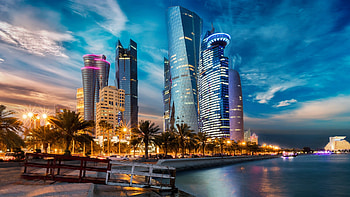 Evening skyline, Skyscrapers, Qatar city lights, Urban aesthetics HD wallpaper