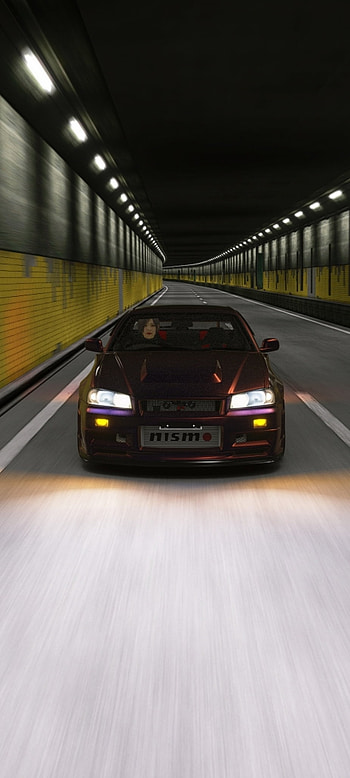 Nissan Skyline R34 GTR, automotive lighting, skyline gtr, car, assetto corsa, mbd_design, shuto expressway, tunnel, midnight purple HD phone wallpaper