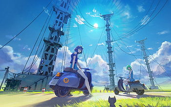 Sun is Shining, Blue Sky, Girls, Grass, Road, Cat, Sun, Motorbike, Clouds, Sky HD wallpaper