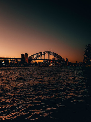 Bridge over bay, city, sunset HD phone wallpaper