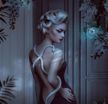 Temptation, anna astrid, snake, blue, lady, frumusete, fantasy, girl HD wallpaper