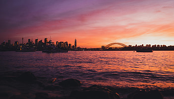 Cities, Sunset, Sea, Waves, City, Bridge HD wallpaper